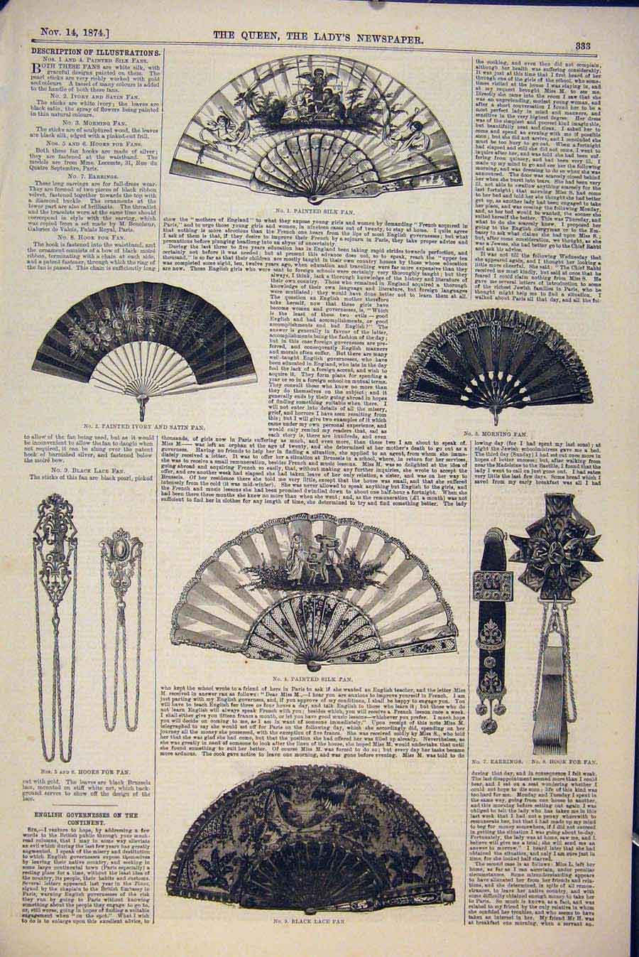 Original Old Antique Print Silk Fan Fans Ivory Satin Earings Lace 1874 Victorian