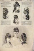 Original Old Antique Print Woman 1876 Dress Fashion Headress Hat Bonnet 1876