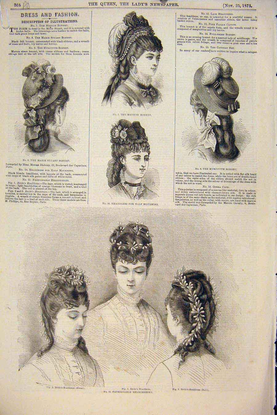 Original Old Antique Print Woman 1876 Dress Fashion Headress Hat Bonnet 1876