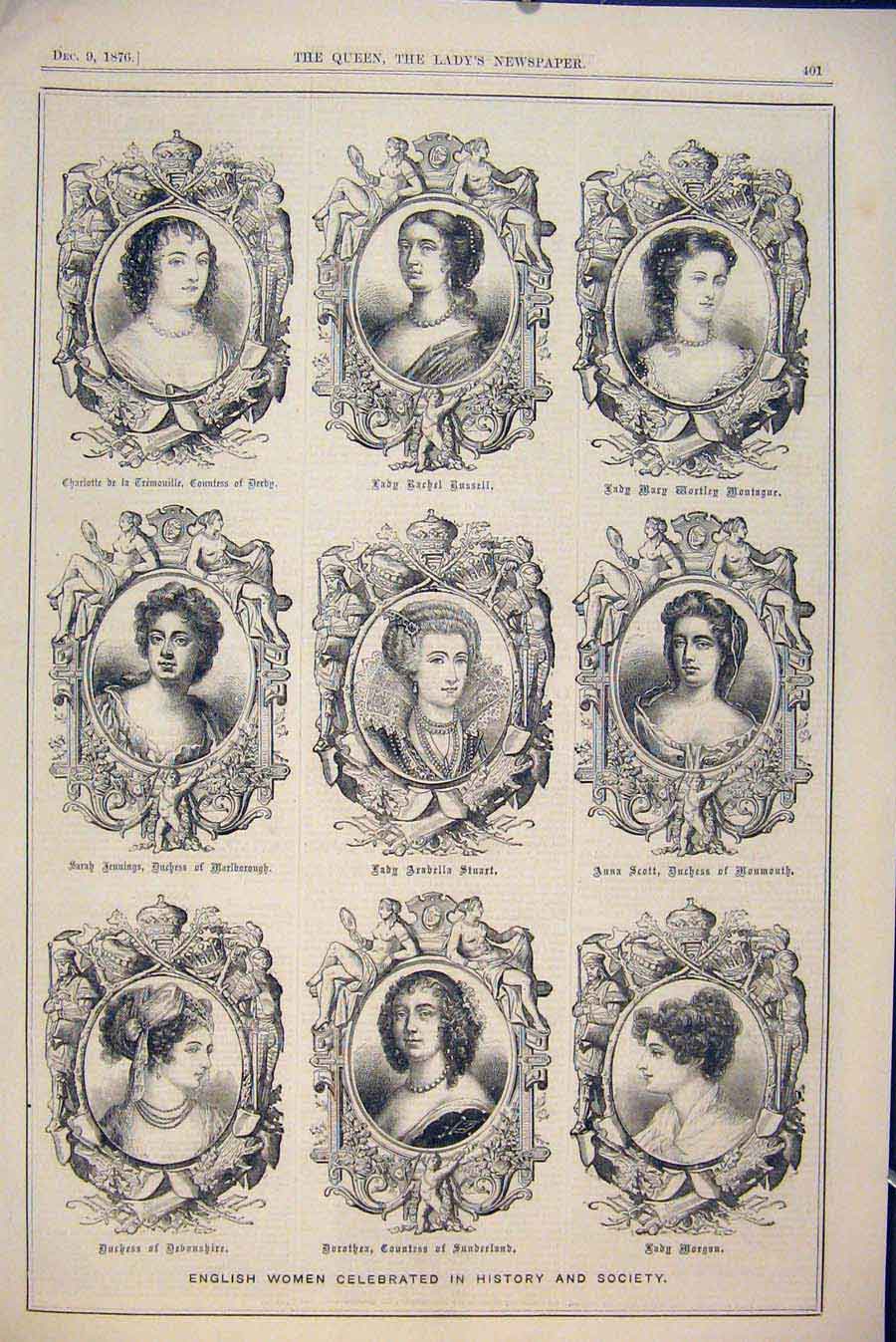 Original Old Antique Print Portrait French Women Celebrated Society 1876 19th