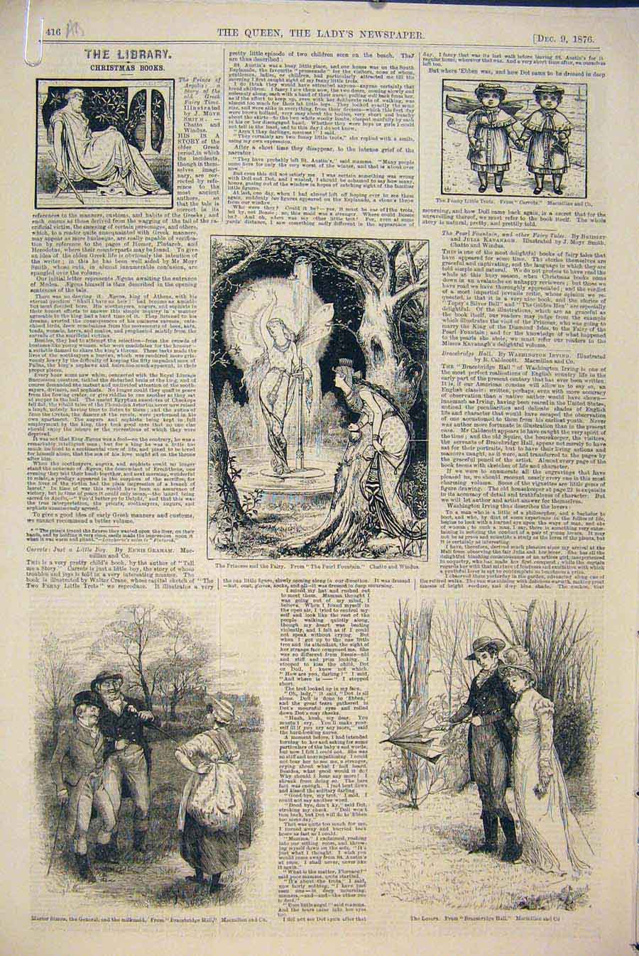 Original Old Antique Print Christmas Books Library Book Oxford Rimmer 1876 19th
