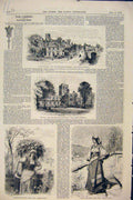 Original Old Antique Print Christmas Books Book Library Abbey Italy 1876 19th