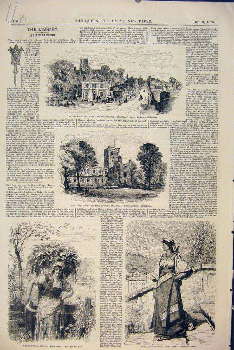 Original Old Antique Print Christmas Books Book Library Abbey Italy 1876 19th