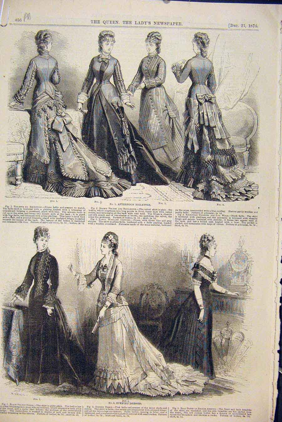 Old Antique Print Ladies Fashion Toilette Evening Dresses Children 1876 19th