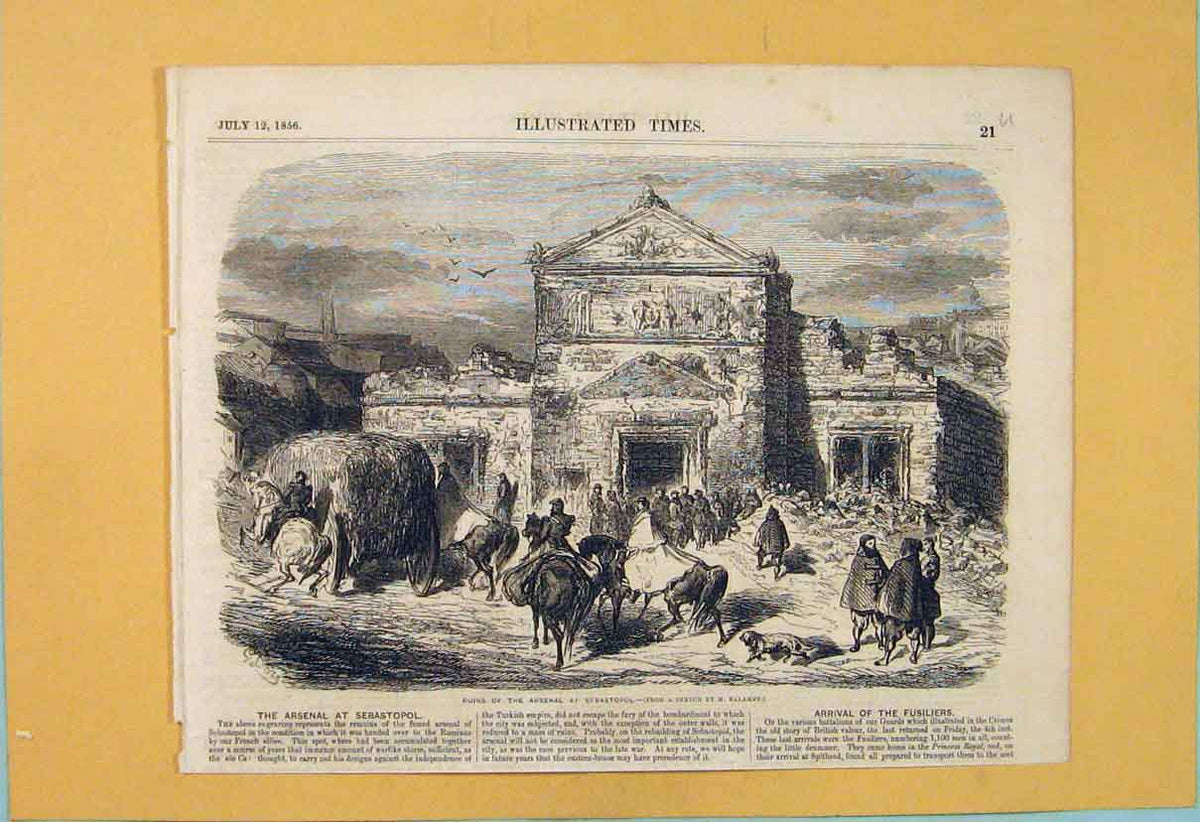 Original Old Antique Print Ruins Arsenal Sebastopol Balamet Sketch Russian 1856