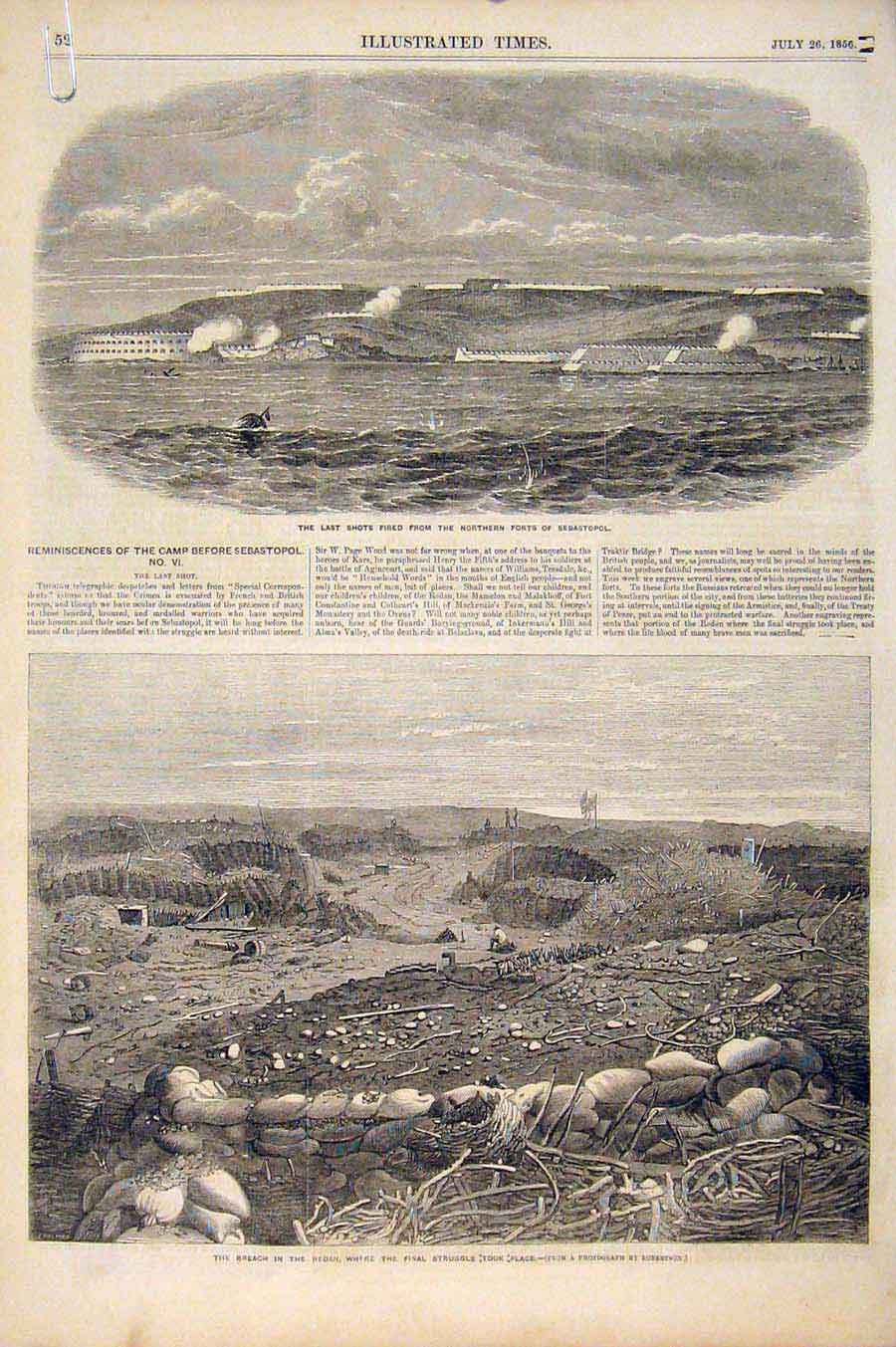 Original Old Antique Print Sebastopol Redan Balaclava Highlanders War 1856 19th