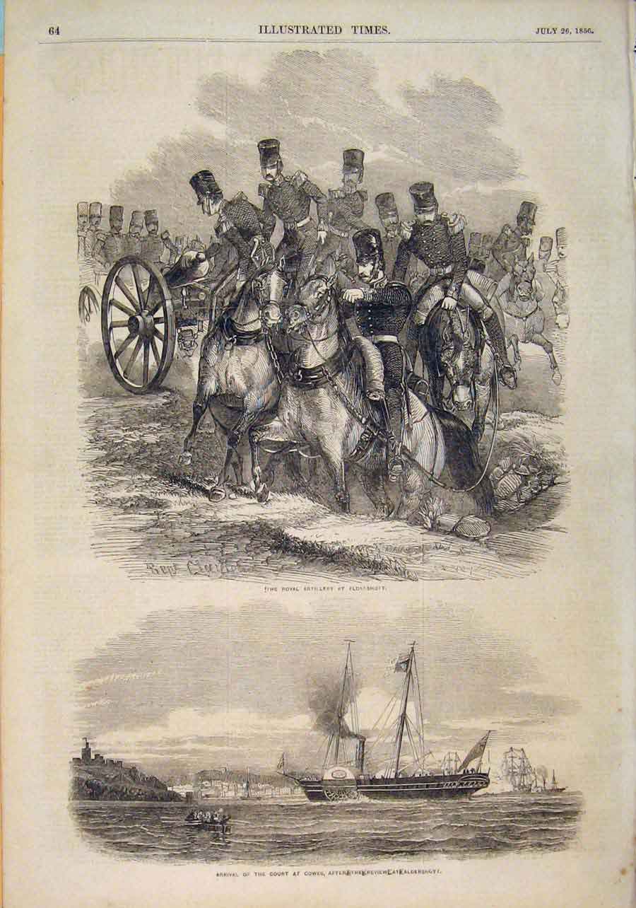 Old Antique Print Royal Artillery Aldershott Cowes Court Ship Review 1856 19th