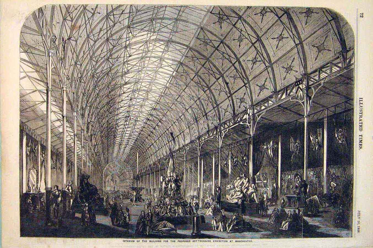 Original Old Antique Print Manchester Building Art Treasure Exhibition 1856 19th