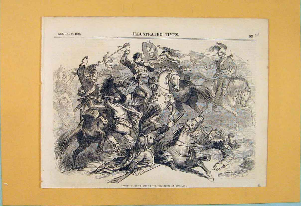 Original Old Antique Print Spanish Dragoons Insurgents Barcelona War 1856 19th
