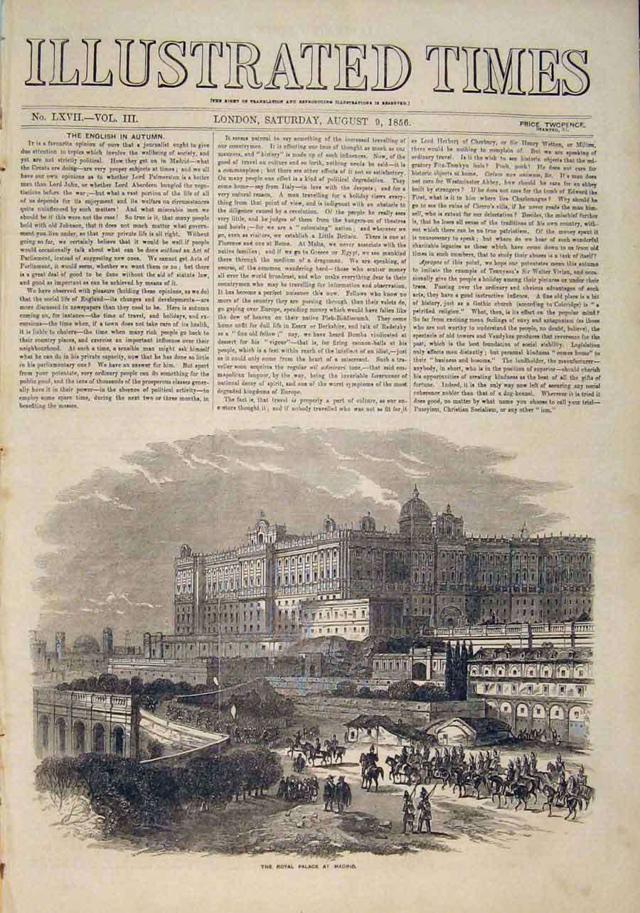 Original Old Antique Print Madrid Royal Palace Spain Spanish 1856 19th