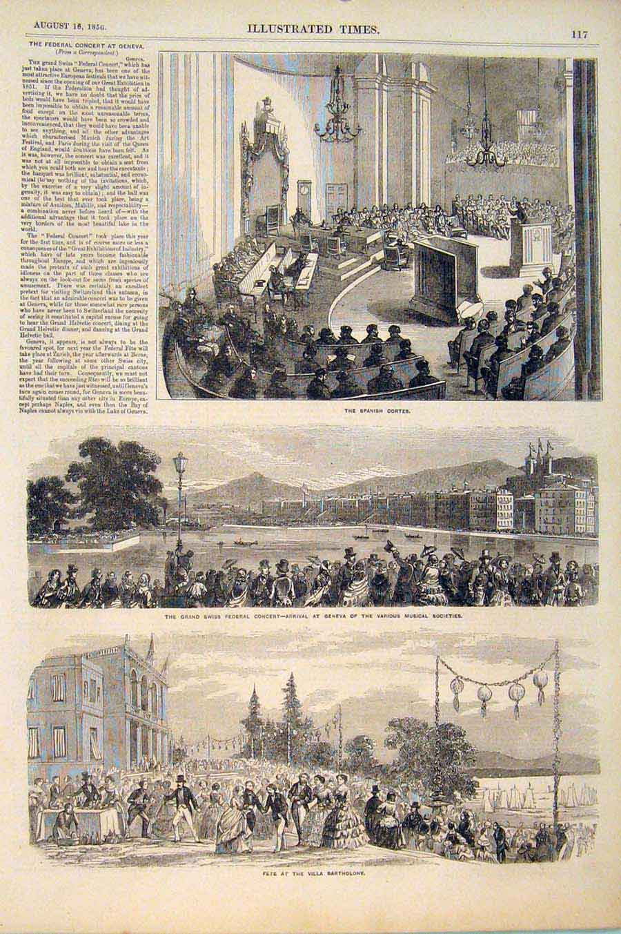 Original Old Antique Print Spanish Cortes Swiss Concert Geneva Fete Bartholony