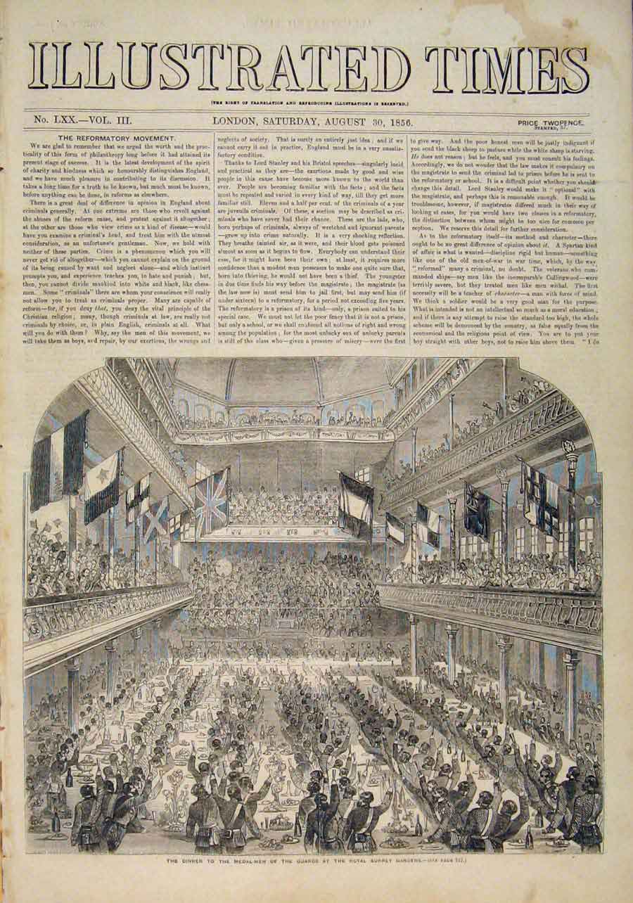 Original Old Antique Print Medal Guards Royal Surrey Gardens Dinner London 1856