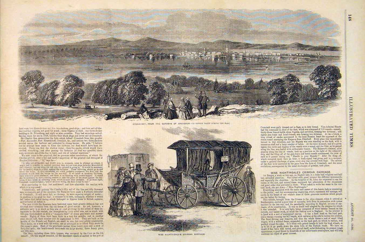 Original Old Antique Print Cronstadt Gardens Orenbaum Sketch Nightingale Crimea