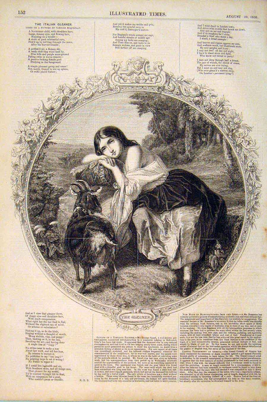 Original Old Antique Print Italian Gleaner Roqueplan Goat Lady Fine Art 1856