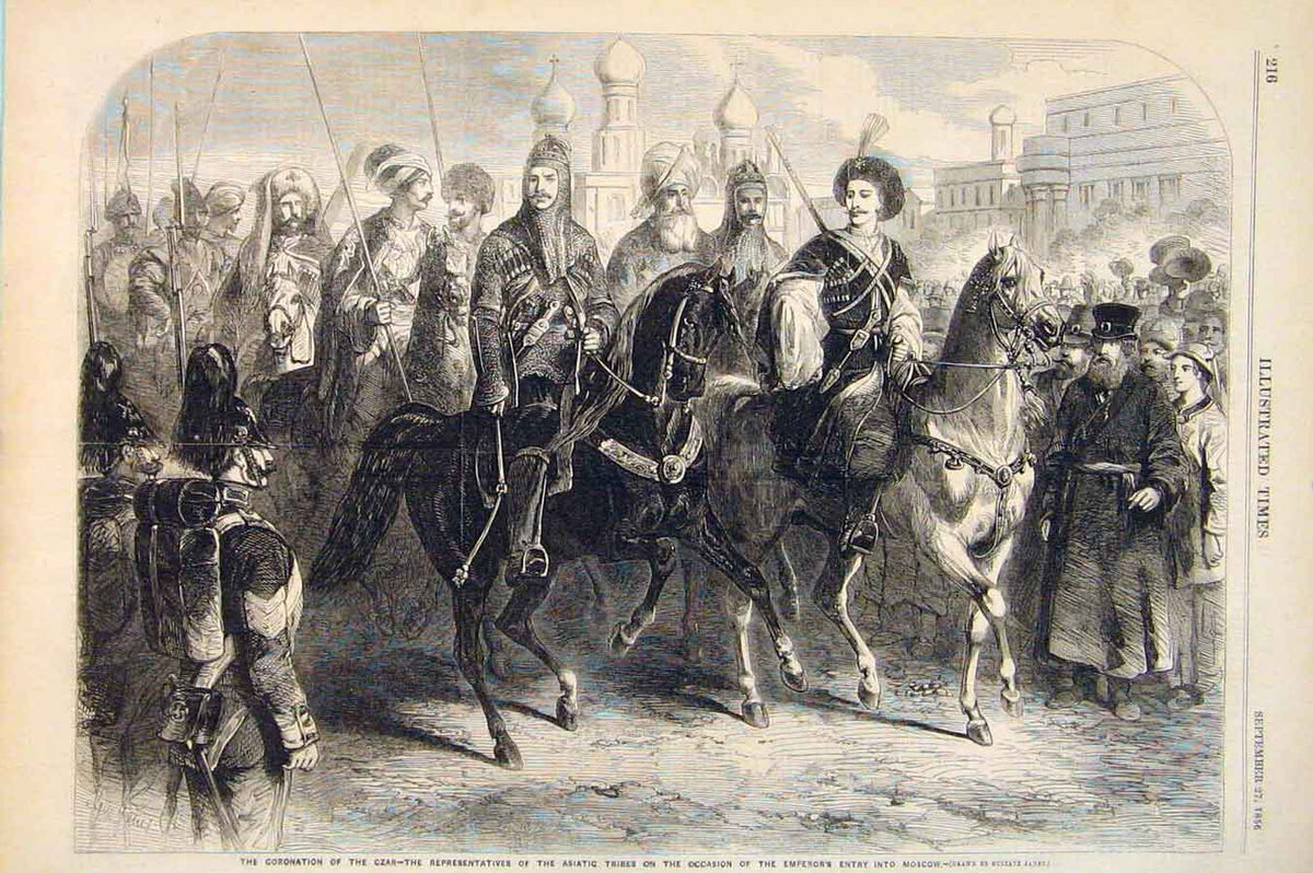 Original Old Antique Print Coronation Czar Moscow Janet Asiatic Tribes 1856 19th