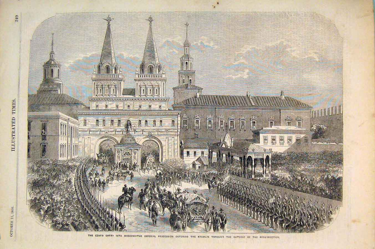 Original Old Antique Print Czar Moscow Imperial Procession Kremlin Russia 1856