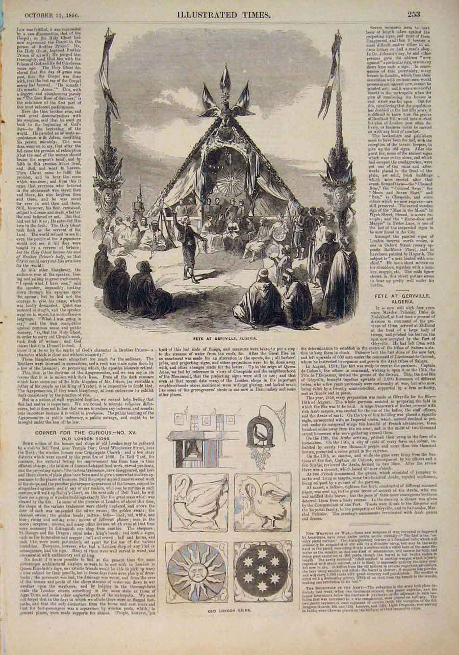 Original Old Antique Print Fete Geryville Algeria Africa London Signs 1856 19th
