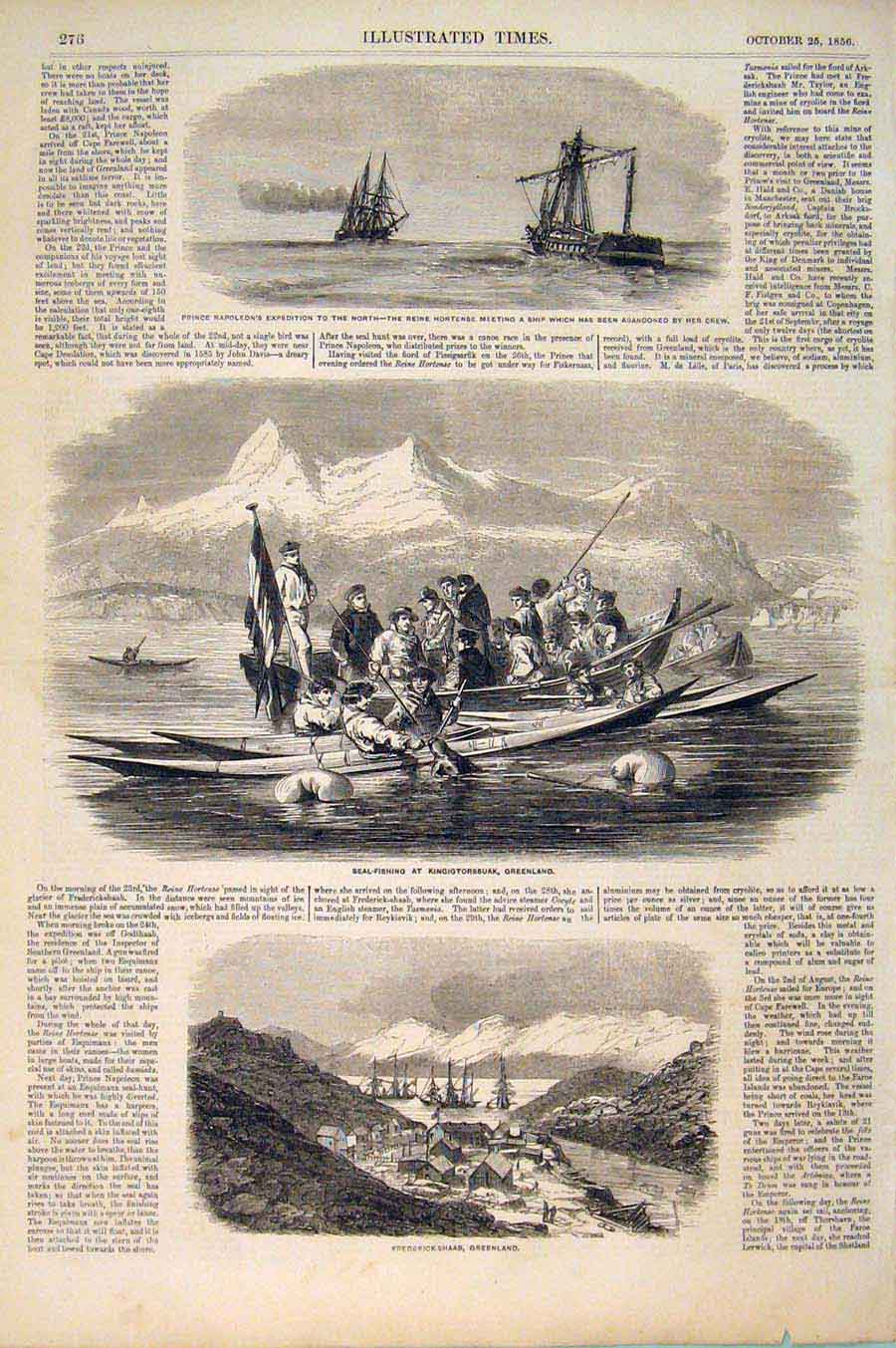 Old Antique Print Napoleon Expedition Reine Hortense Seal Greenland 1856 19th