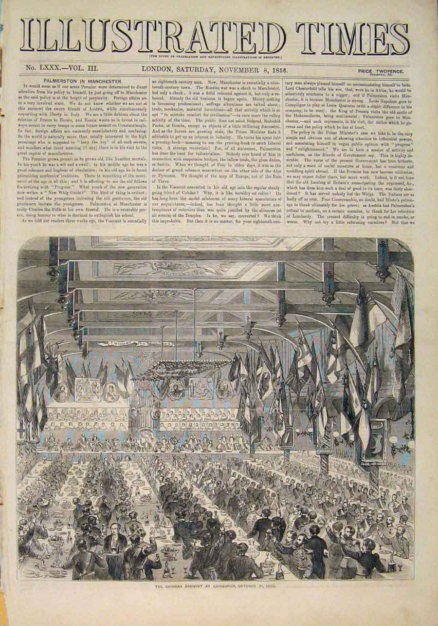 Original Old Antique Print Crimean Banquet Edinburgh War October 1856 Victorian