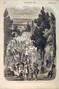 Original Old Antique Print Fete Cemetery Montmartre Paris France 1856 Victorian