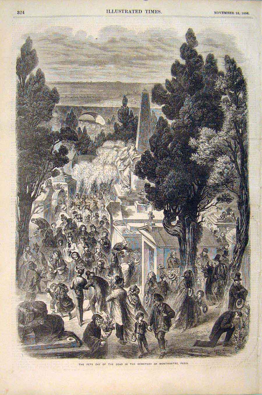 Original Old Antique Print Fete Cemetery Montmartre Paris France 1856 Victorian
