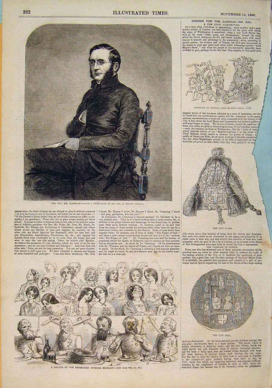 Old Antique Print Portrait Cumming Edinburgh Crimean Banquet London 1856 19th