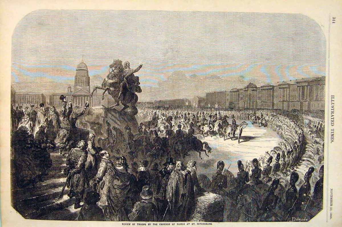 Original Old Antique Print Troops Emperor Russia St Petersburg Review 1856 19th