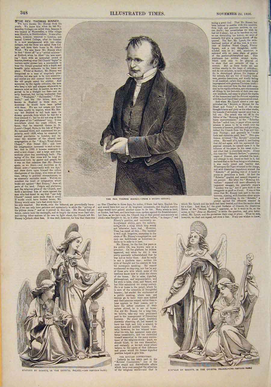 Original Old Antique Print Portrait Binney Statue Geerts Crystal Palace 1856