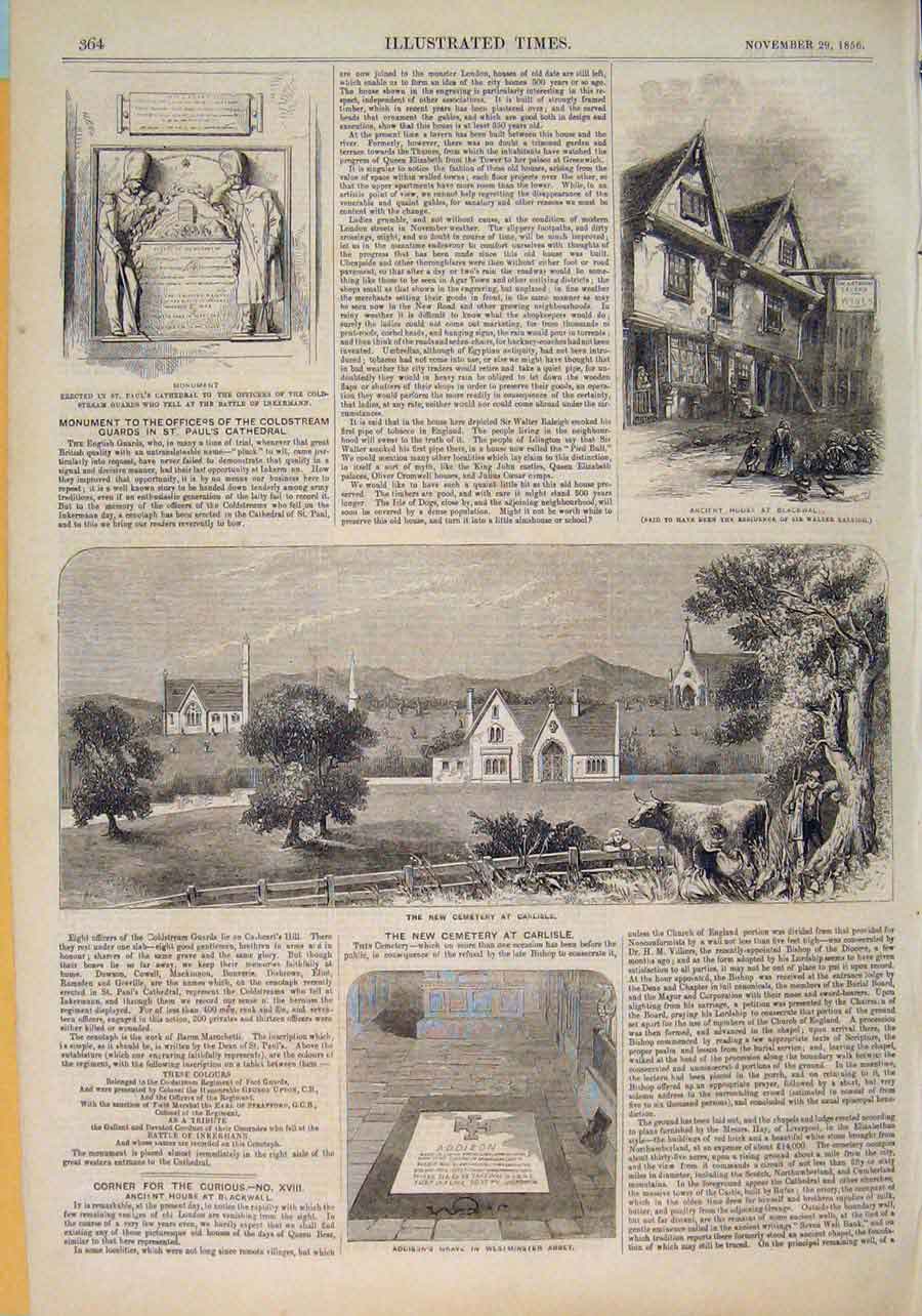 Old Antique Print Cemetery Carlisle Westminster Abbey Blackwall Inkermann