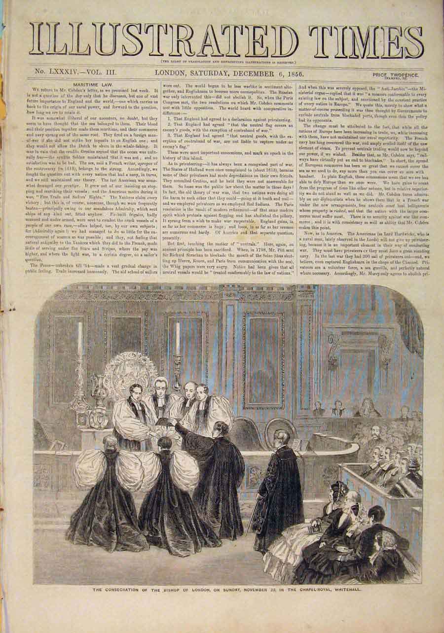 Old Antique Print Bishop London Chapel Royal Whitehall Consecration 1856 19th