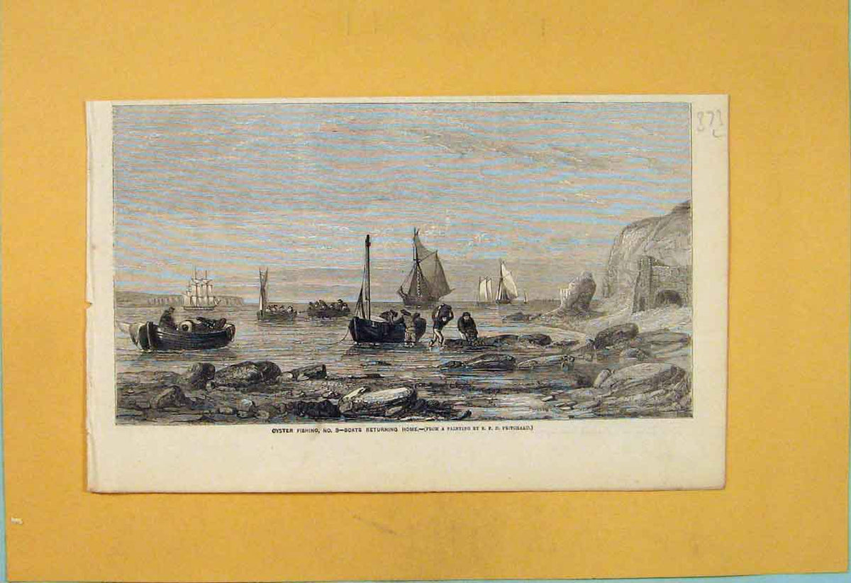 Original Old Antique Print Oyster Fishing Boats Boat Pritchard 1856 Victorian