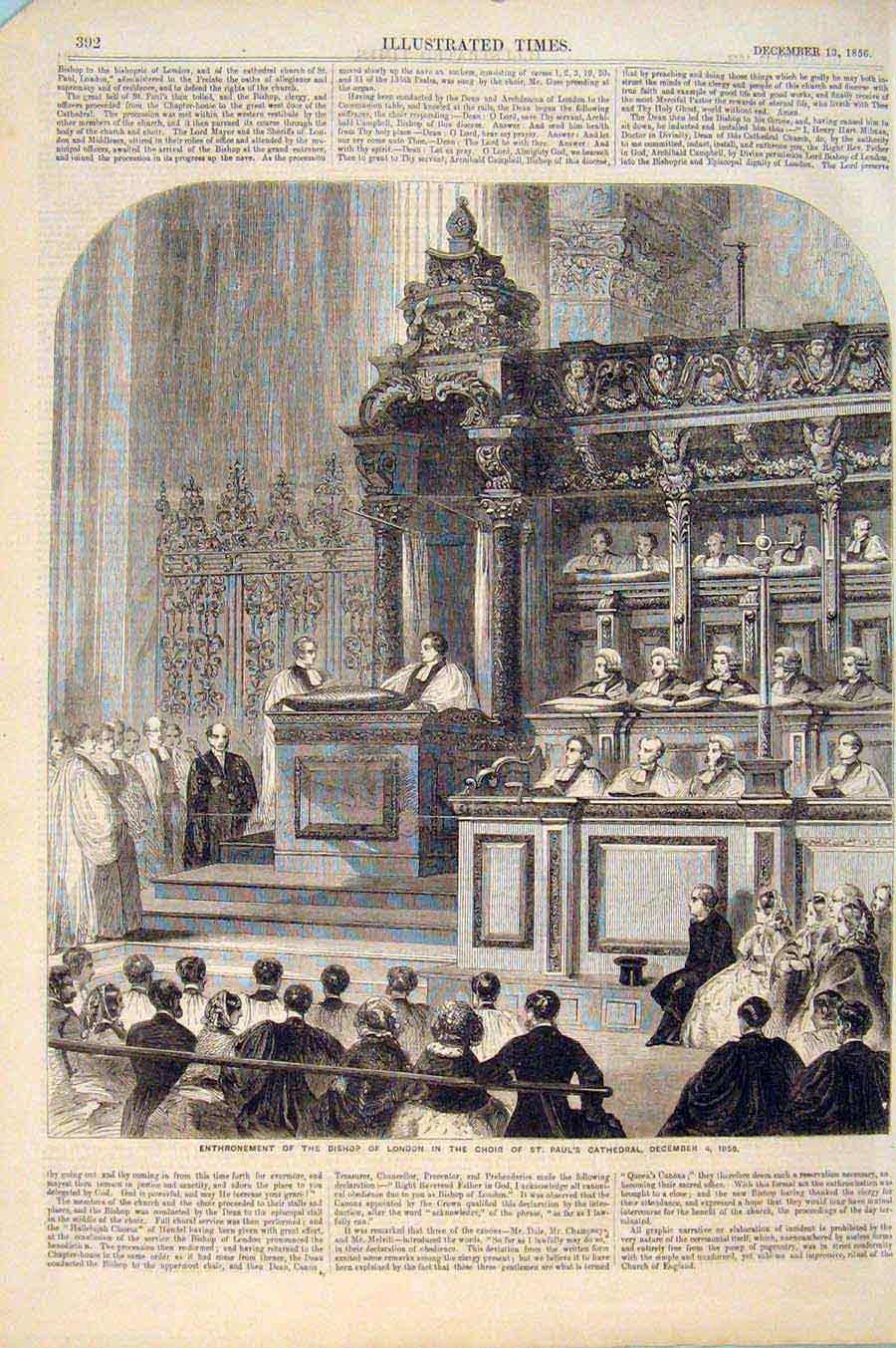 Original Old Antique Print Bishop London Choir St Paul'S Cathedral 1856 19th
