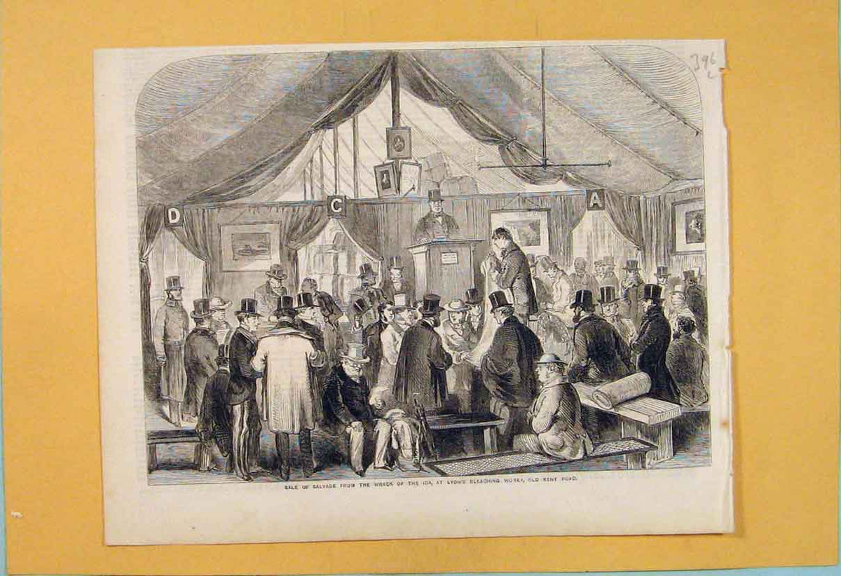 Original Old Antique Print Salvage Wreck Ida Lyon'S Bleaching Works Kent 1856