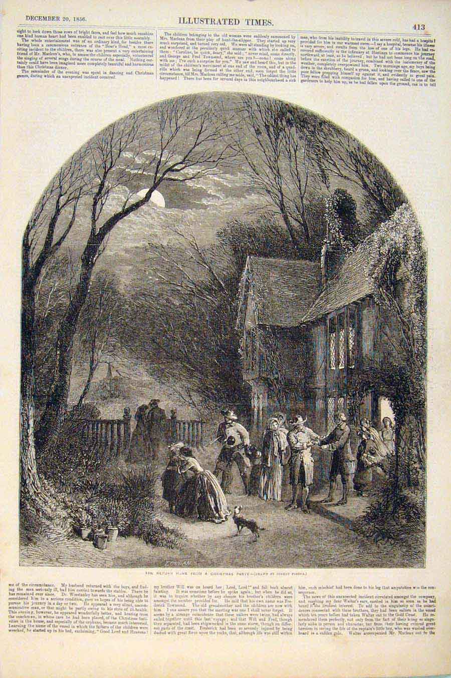Original Old Antique Print Christmas Party Return Foster Drawing 1856 Victorian
