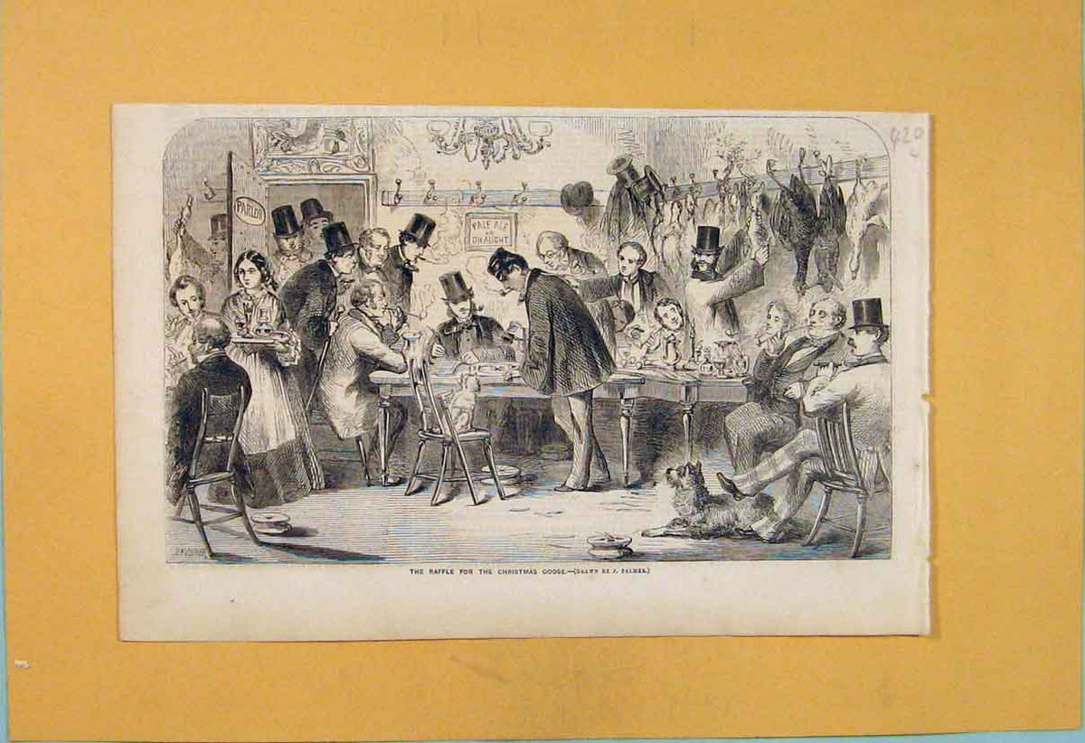 Original Old Antique Print Raffle Christmas Goose Palmer Sketch 1856 Victorian