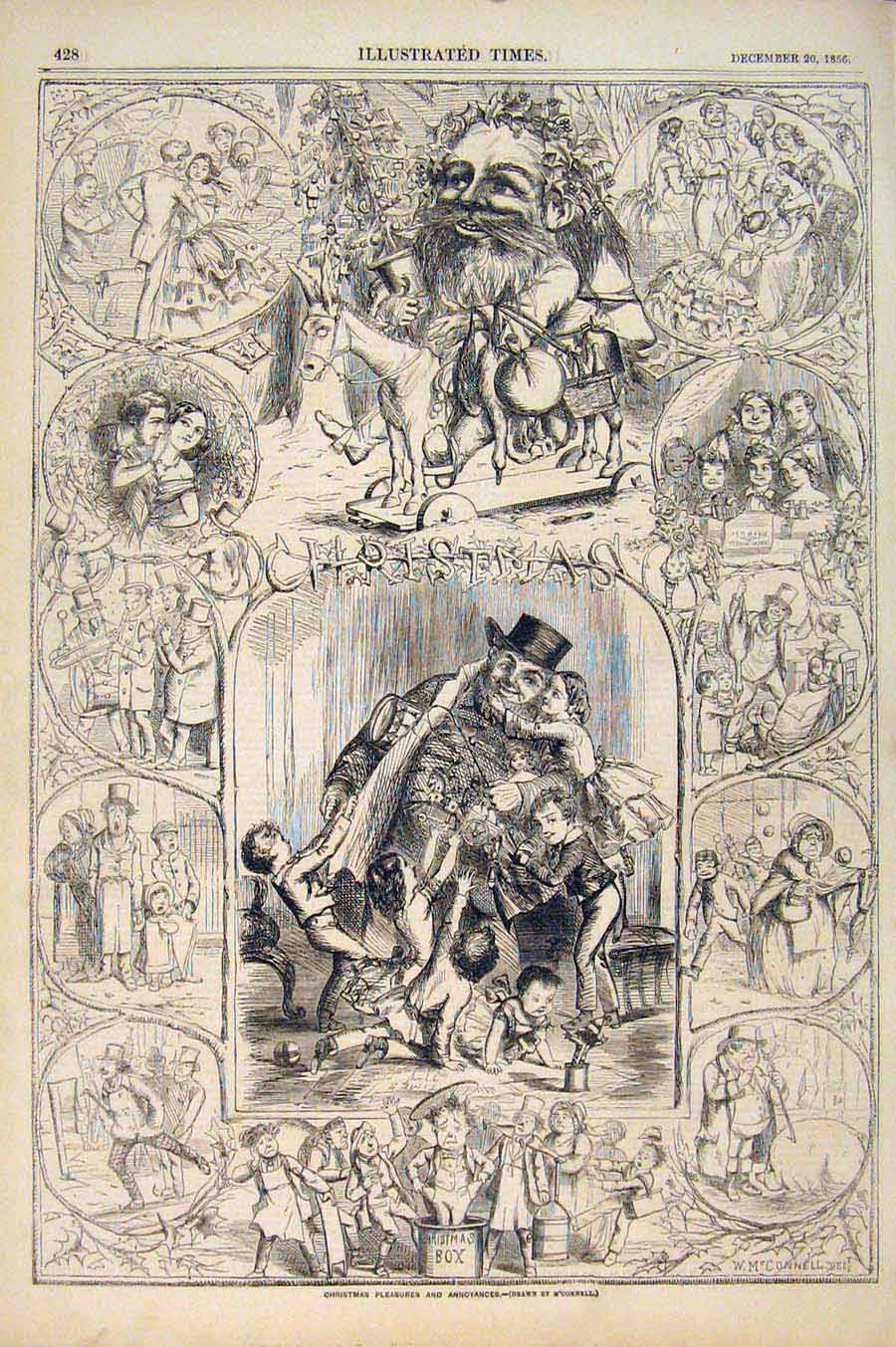 Original Old Antique Print Christmas M'Connel Sketches Sketch Illustrations 1856