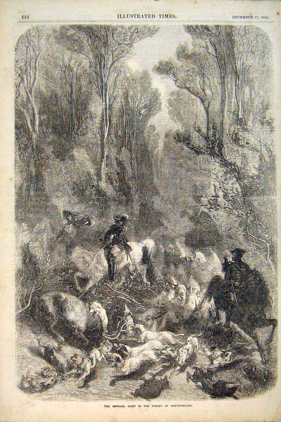 Original Old Antique Print Imperial Hunt Fontainbleau Hunting Forest Stag