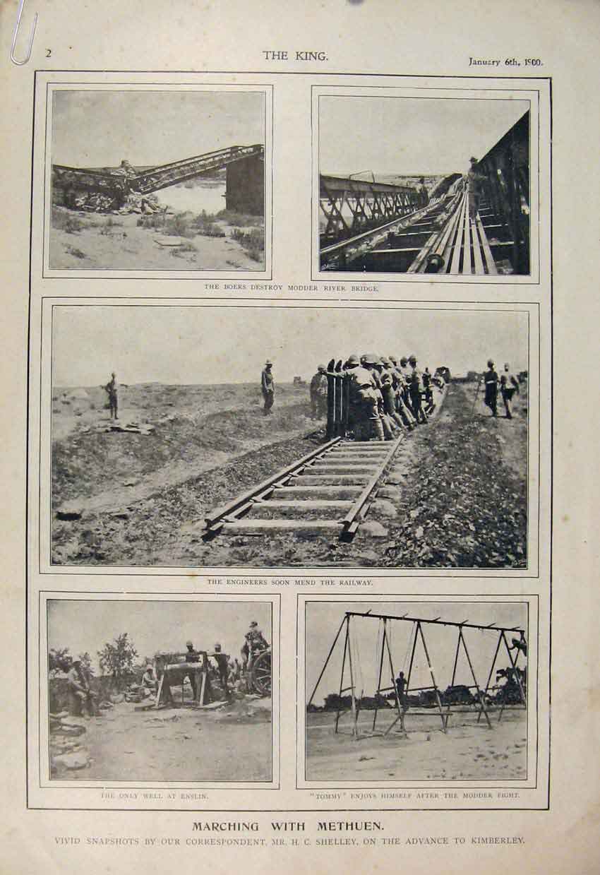 Old Antique Print Boer War Africa 1900 Modder River Methuen Shelley Train 20th