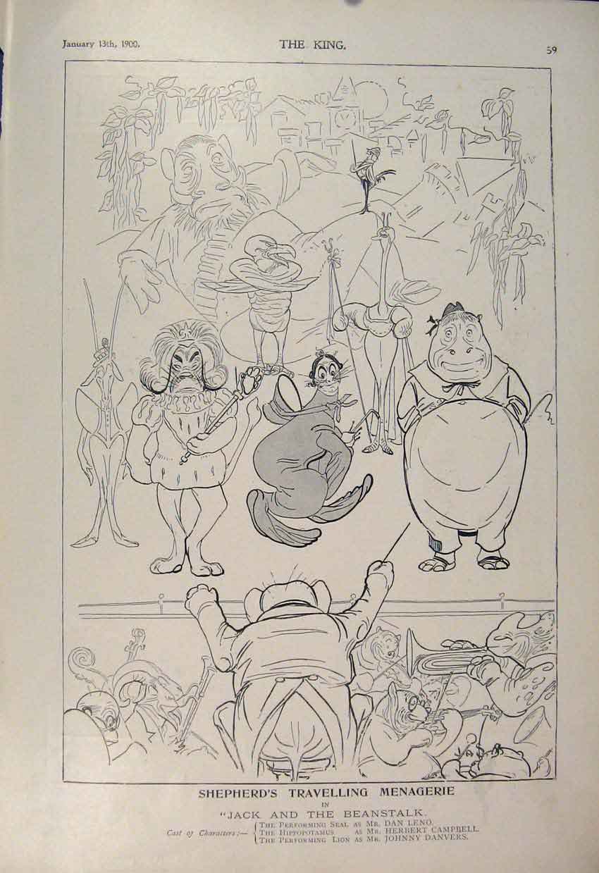 Old Antique Print Shepherd'S Travelling Menagerie Jack Beanstalk Theatre