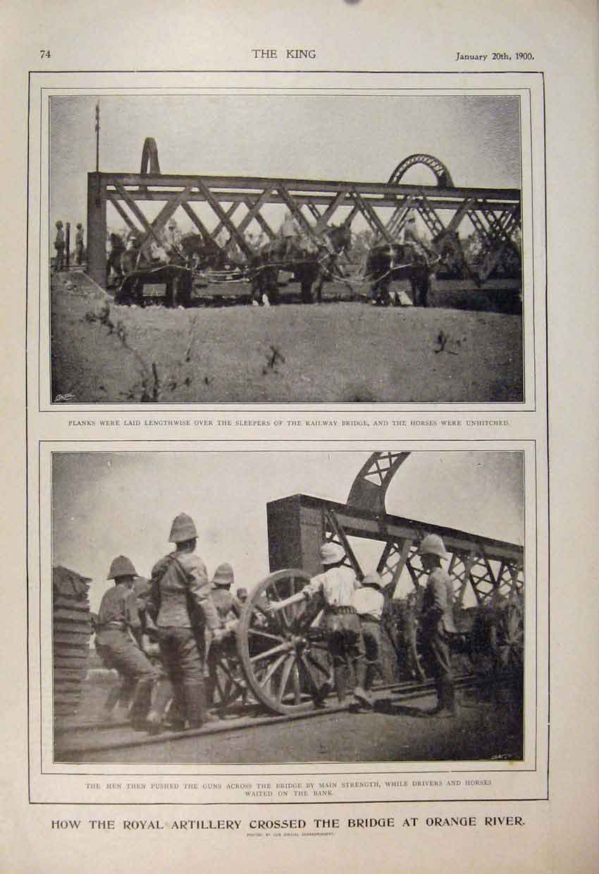 Original Old Antique Print Royal Artillery Bridge Orange Boer War Africa 1900
