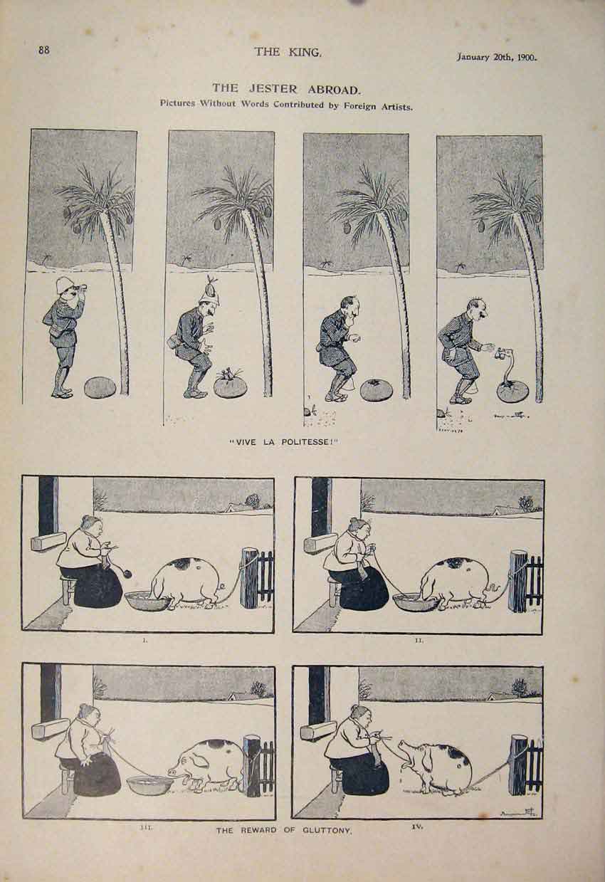 Original Old Antique Print Jester Abroad Sketch Sketches Pig Glutton 1900 20th