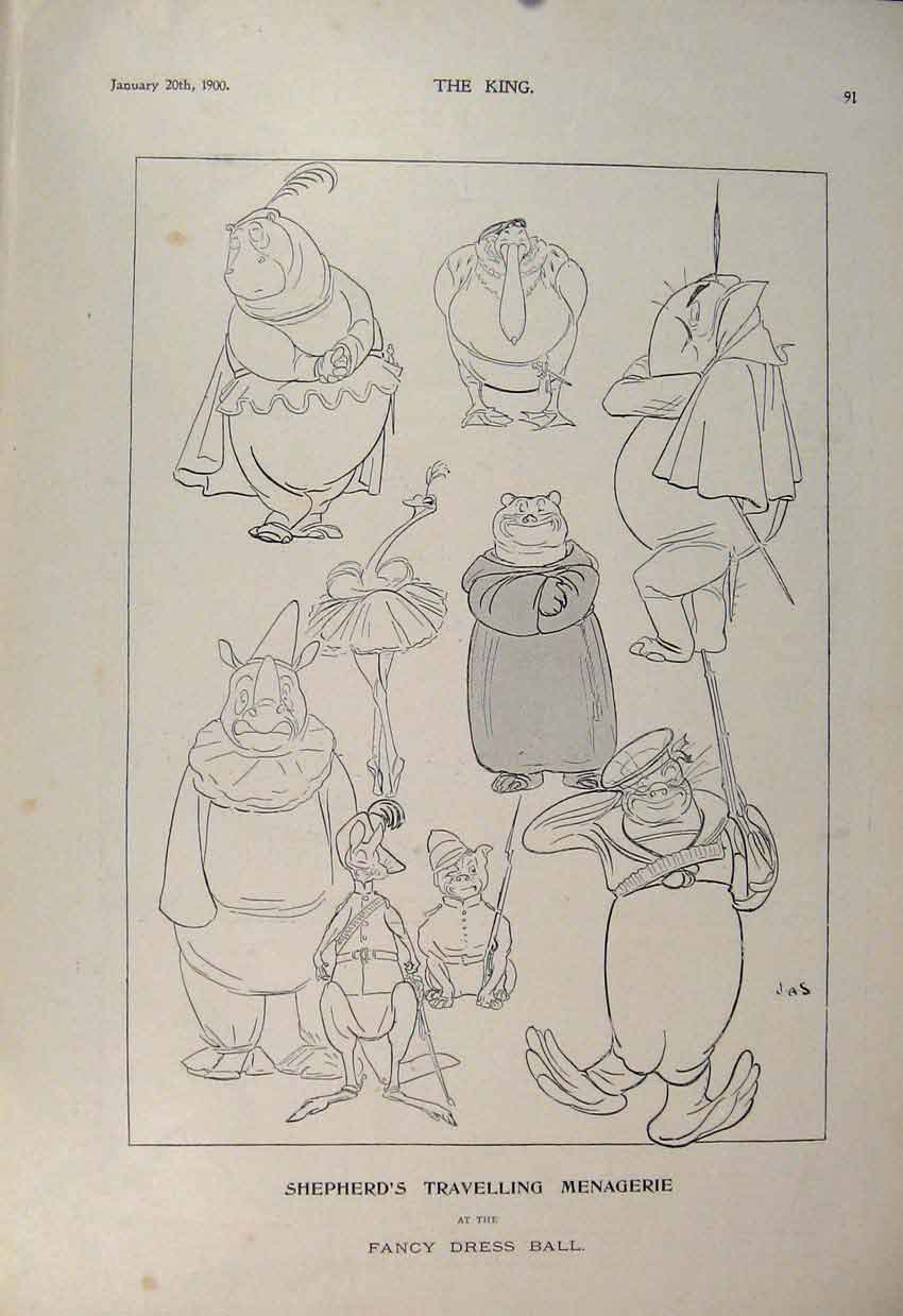 Original Old Antique Print Shepherd'S Travelling Menagerie Fancy Dress Ball 1900