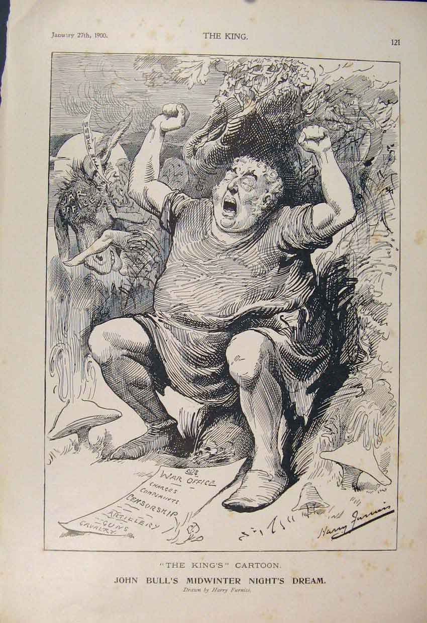 Old Antique Print Cartoon Furniss John Bull Dream Artillery Cavalry 1900 20th