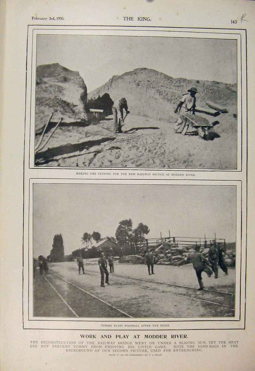 Original Old Antique Print Boer War Africa 1900 Modder River Football Buller