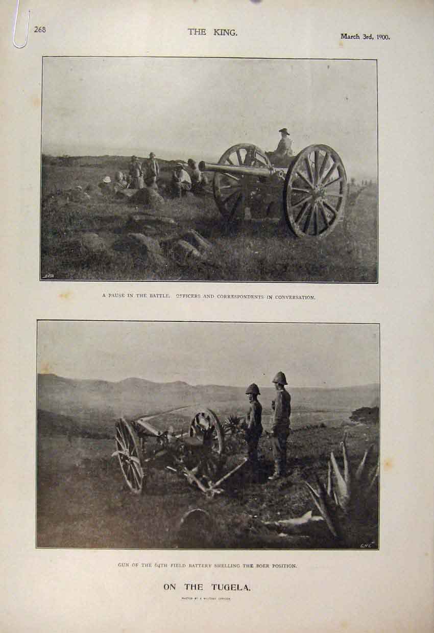 Original Old Antique Print Boer War Africa 1900 Tugela Guns Ferry Troops Guns