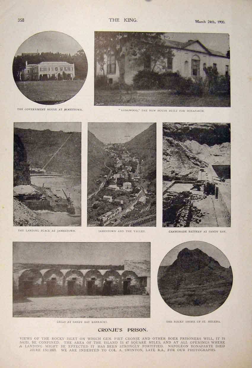 Original Old Antique Print Boer War Africa 1900 Cronje Prison Jamestown Napoleon