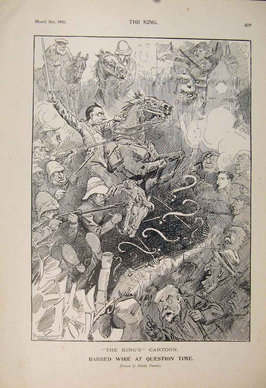 Original Old Antique Print Cartoon Barbed Wire Question Furniss 1900 Victorian