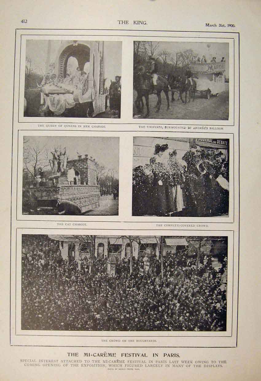 Original Old Antique Print Mi-Careme Festival Paris France Chariot 1900 20th