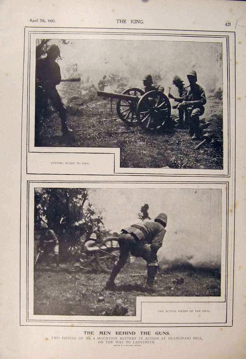 Original Old Antique Print Boer War Africa 1900 Hlangwani Hill Battle Battery