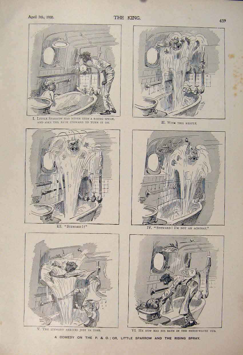 Original Old Antique Print Comedy P & O Sparrow Bath Steward Cartoon Sketch 1900